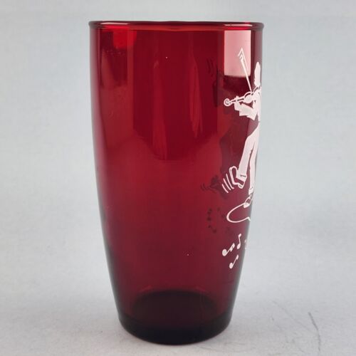 Anchor Hocking Ruby Red Hoe Down Water Glass Mountain Music Fiddle Banjo Vintage