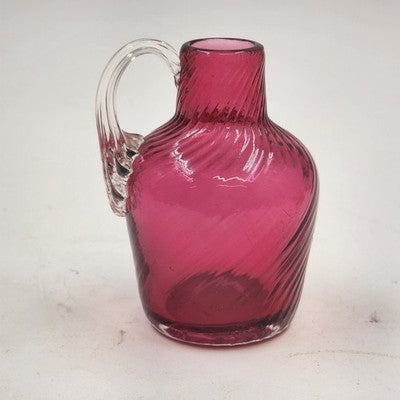 Pilgrim Cranberry Swirled Glass Vase with Applied Clear Handle 4" Pontil Base
