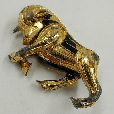 Gold Tone Bull with Black/Gray Accent Metal Brooch Pin Vintage Jewelry Accessory