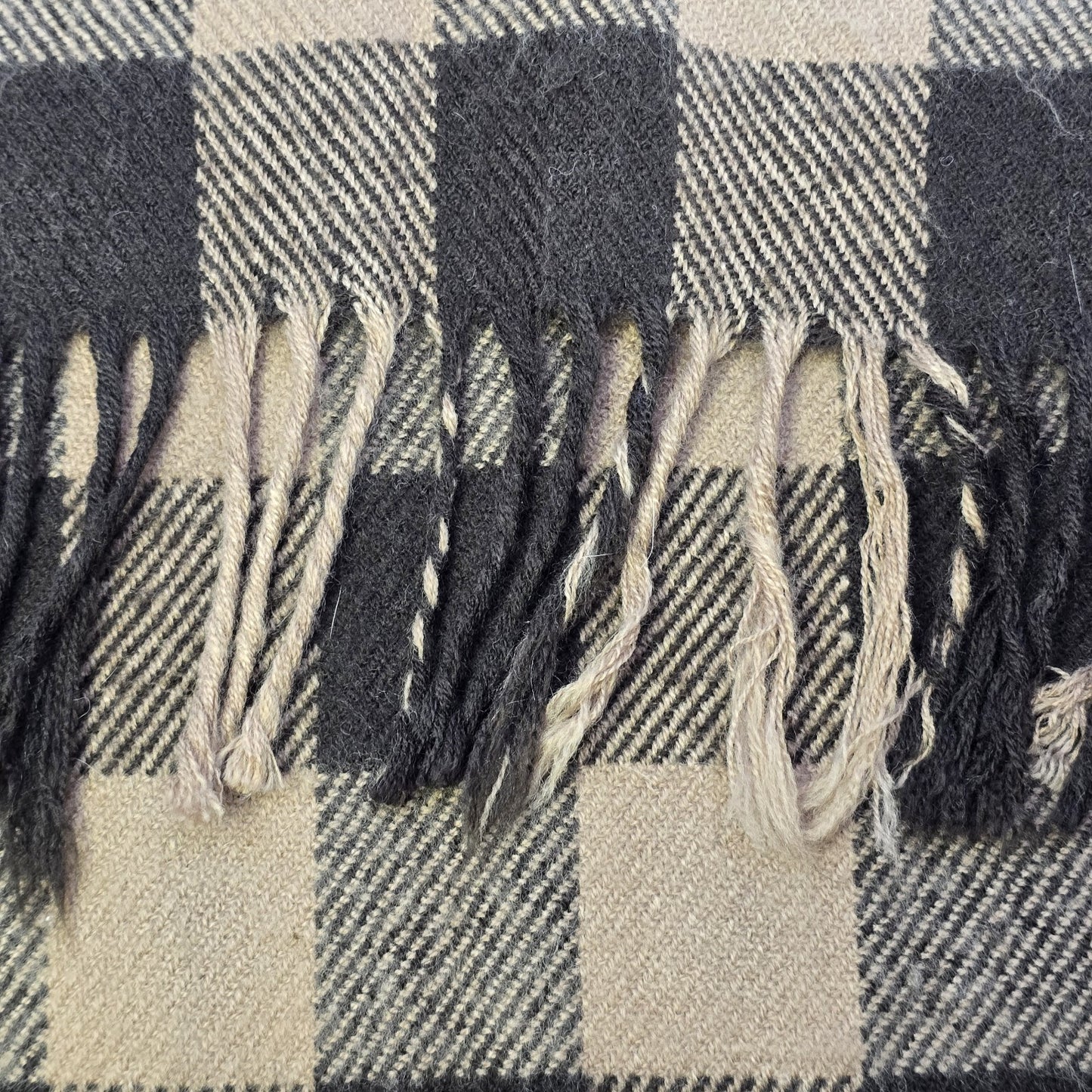 Checkered Plaid Brown Black Rectangle Neck Warmer Scarf Shawl w/ Fringe 72"x14"