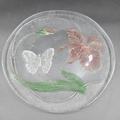 LE Smith 12.5" Clear Frosted Glass Plate Painted Iris & Butterfly Design Vtg