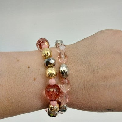 Set of 2 Bracelets Faux Pearl Silver Gold and Peach Tone Faceted Beads Stretch