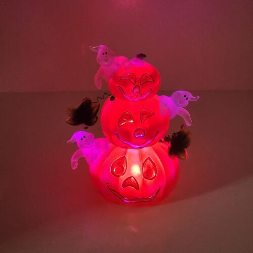 3 Stacked Pumpkins Light up Ghosts 2004 Color Changing Halloween Harvest 7" Tall