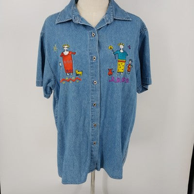 Very Important Pieces Women Denim Embroidered Whimsical Shirt Short Sleeve Large