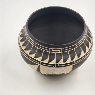 Laguna Pueblo Pottery Vase Bowl 7" Black White Heartline Deer Signed Lucario