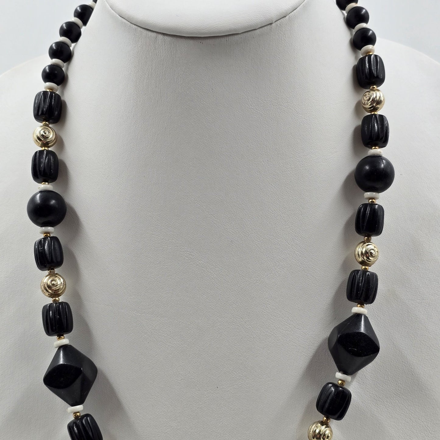 White & Gold Tone Beads with Black Faceted Diamond Faux Pearl Stone 12" Necklace