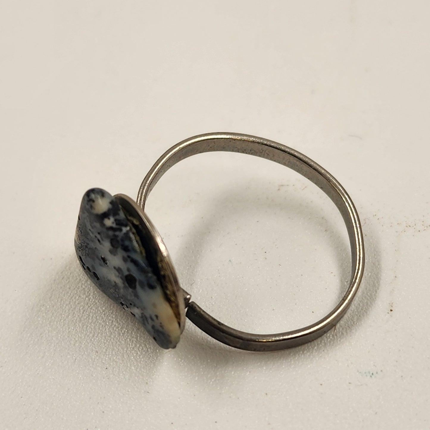 Adjustable Silver Tone Dalmatian Stone Ring Triangle Shape Size 6.75-7
