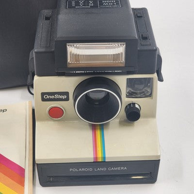 Polaroid Land Camera One Step Focal 600 Flash Rainbow Stripe w Manual Black Case