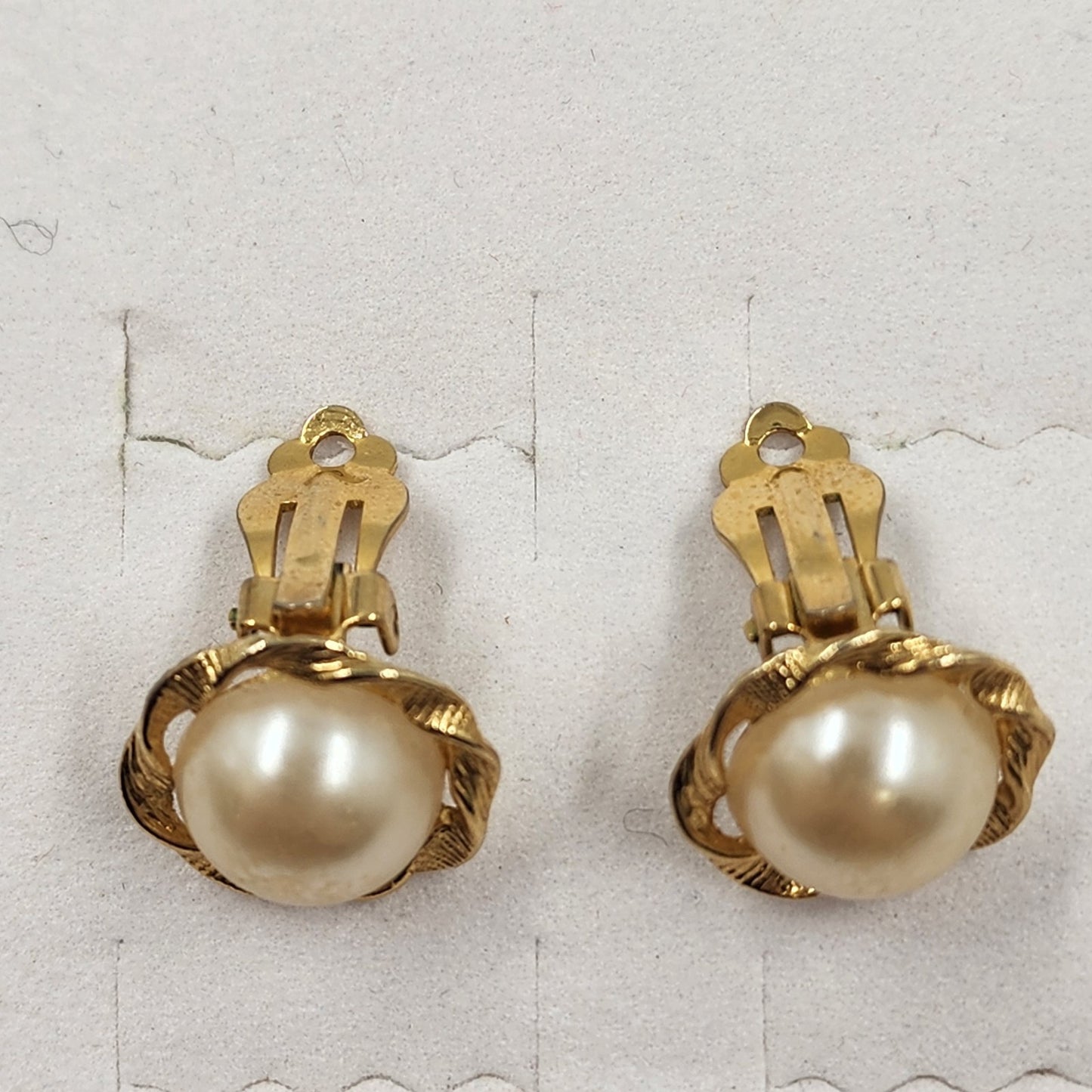 Gold Tone Clip Earring with White Faux Pearl Half Dome & Twist Design 0.5”