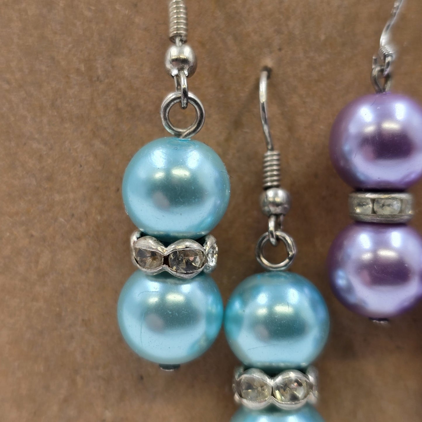 2 Set Earrings Teal & Lavender Faux Pearl Beads with Rhinestone Drop Dangle Hook