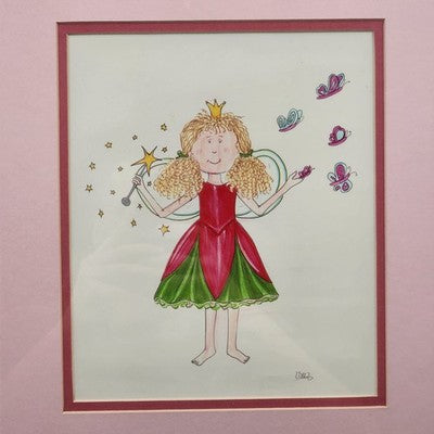 Fairy Tale Princess Painting Print Pink Matting White Frame 14"x16" Vintage Art