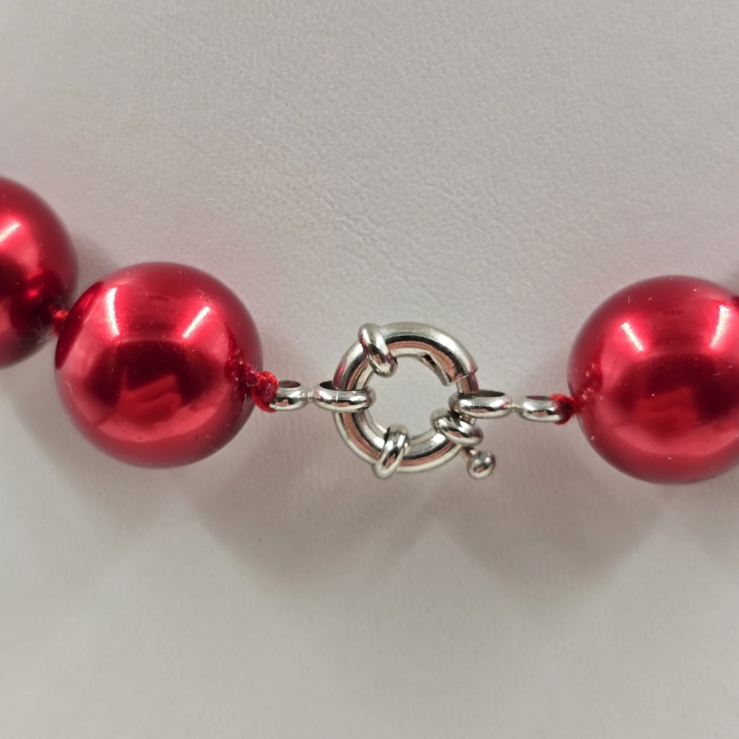 Deep Red Glass Faux Pearl Chocker Beaded in Silver Tone Statement Necklace 8.5"