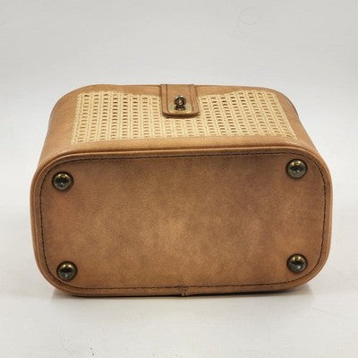 Tan Leather Train Case – 10.5" Travel Luggage with Cane Web Front, Latch Closure, Pockets & Interior Mirror Vintage