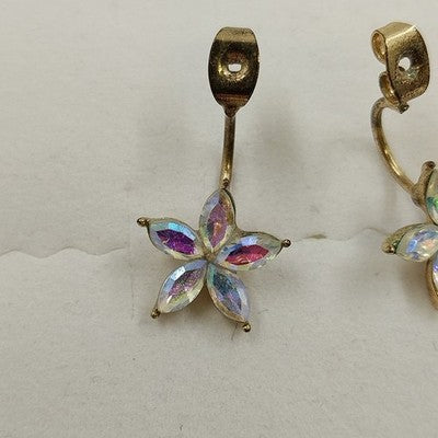 Gold Tone with Iridescent Faceted Rhinestone Flower Shape Earring Jacket Jewelry