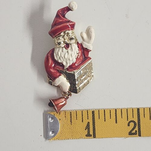 Santa Claus Waving from Chimney Brooch Dangling Bell in Hand 2.5" x 1" Vintage
