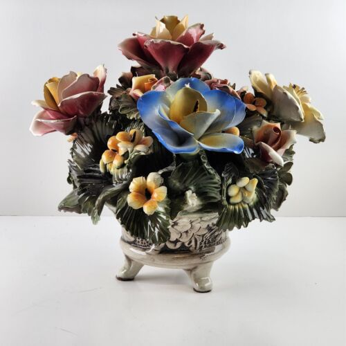 Capodimonte Large Floral Multicolor Centerpiece Footed Short Vase 10.5"h Chipped