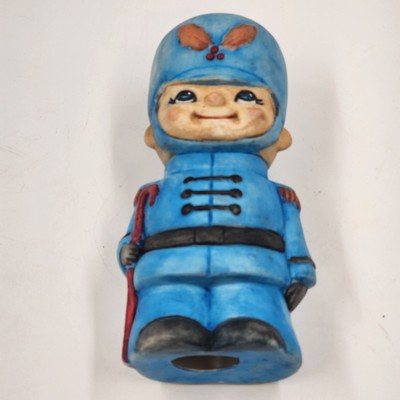 Blue Red Ceramic Christmas Little Boy Soldier Figurine Hand Painted 6.75"