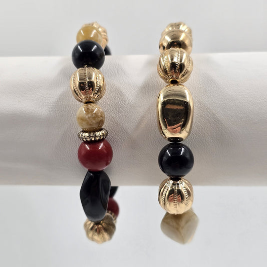 Set of 2 Stretch Bracelets Gold Tone Enamel Black Red Beige Faux Pearl Beads 7"