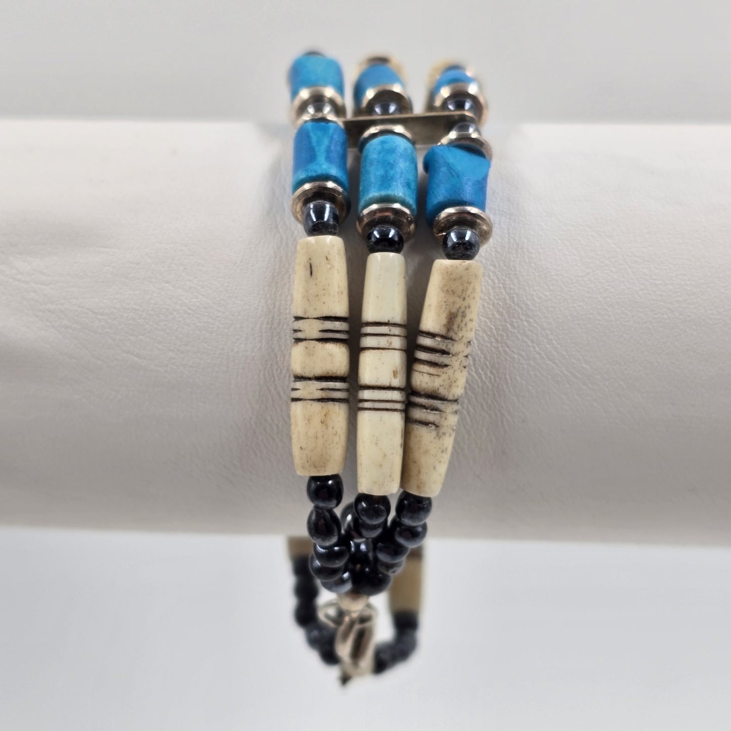 Blue White American Native Style Line Choker Beads 3 Strand Tribal Bracelet 7"