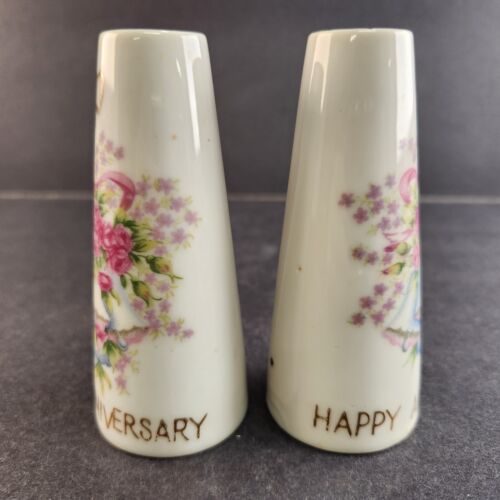 1950s Happy Anniversary Salt Pepper Shakers Set Ceramic Japan Porcelain 3-1/2"