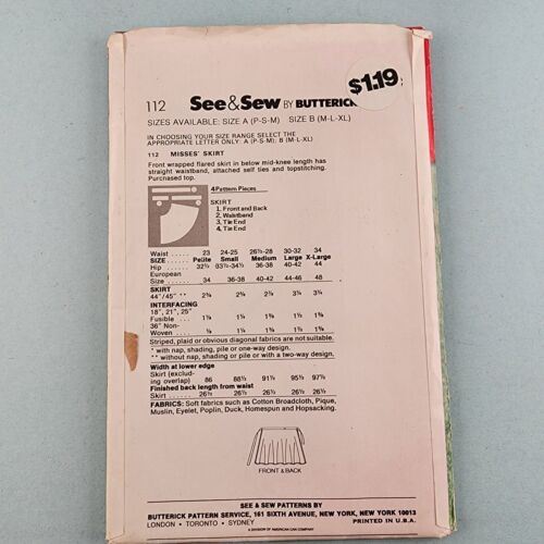 Butterick See & Sew 3203 or 112 Vintage 80's Flared Skirt Pattern Size B -M-L-XL