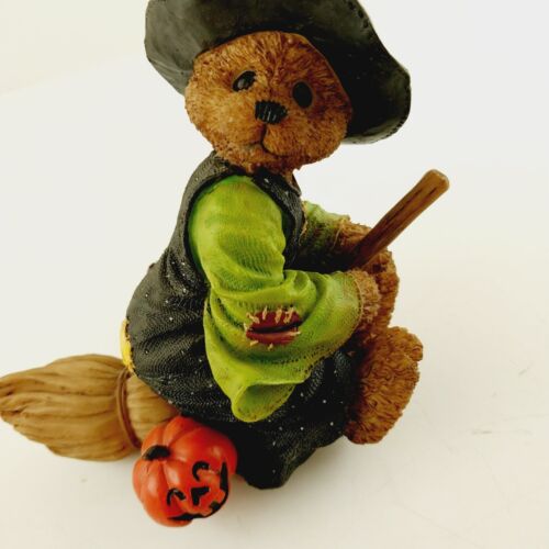 Witchie Bear Flying on her Broomstick Laughing Jack-O-Lantern Halloween Figurine