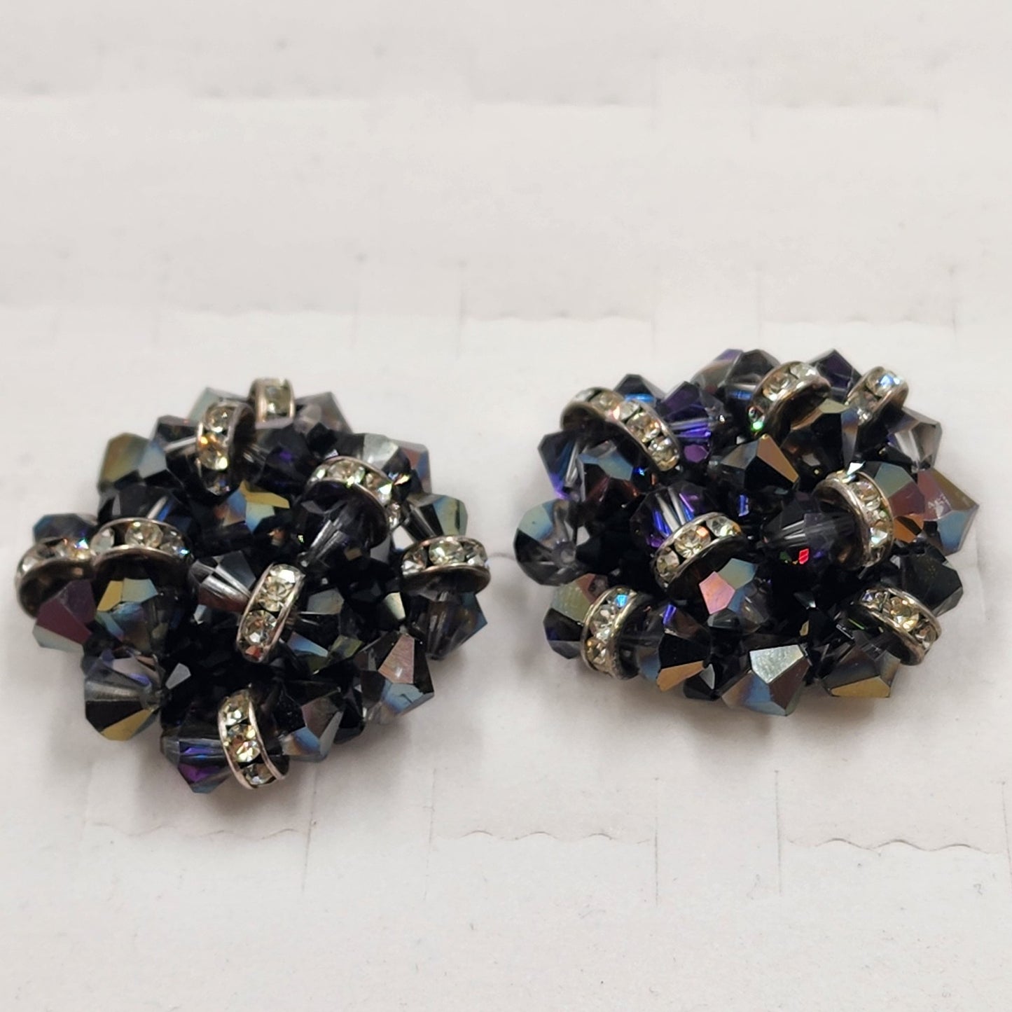 Deep Purple Bead & Colorful Rhinestone Clip Earrings Vintage 1.5” Statement