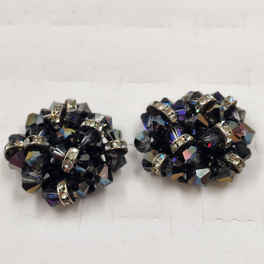 Deep Purple Bead & Colorful Rhinestone Clip Earrings Vintage 1.5” Statement