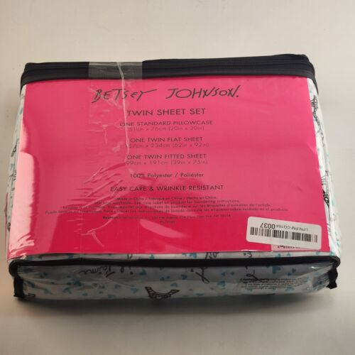 Betsey Johnson Twin Sheet Set White Blue Black Accent Wrinkle Resistant