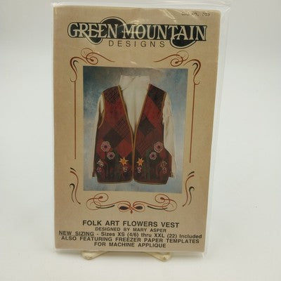 Green Mountain Designs 603 Sewing Pattern Uncut Folk Art Flower Vest Size XS-XXL