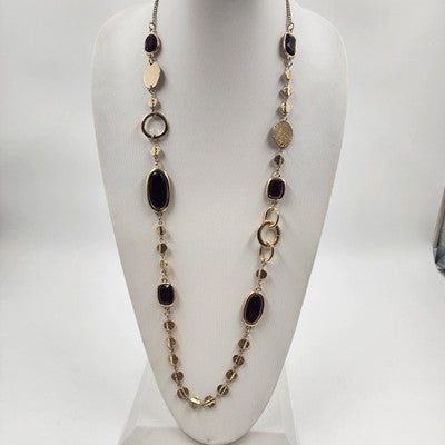 Gold Tone Chain with Glossy Black Faux Rhinestone & Gold Tone Discs 18" Necklace