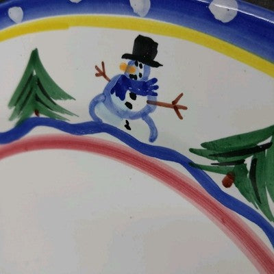 Dinner Plate Present Tense Italy Snowman Christmas Tree Hand Painted 10.5 Cerami