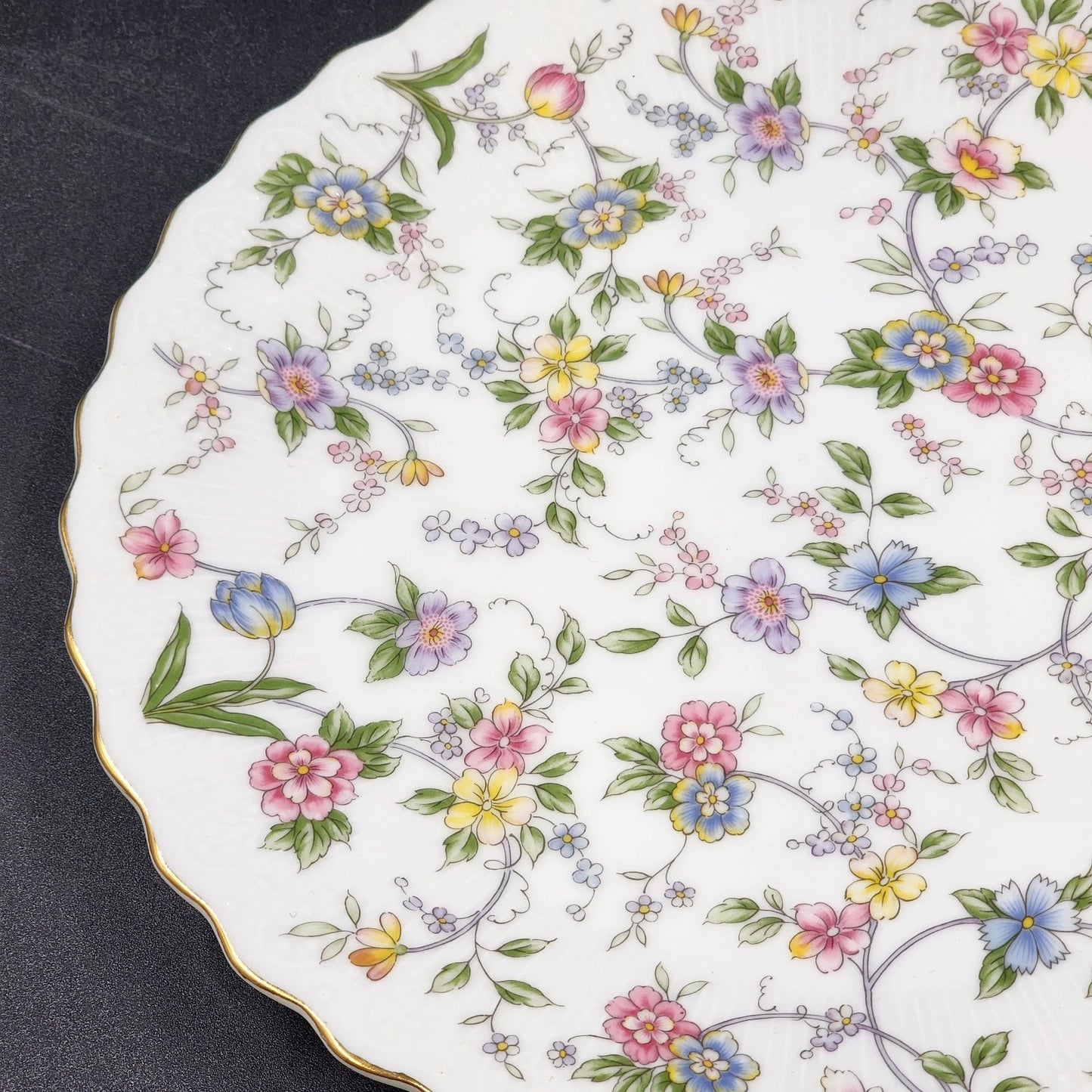 Andrea by Sadek Cake Platter Corona Floral Gold Trim Scalloped Edge 10.5"