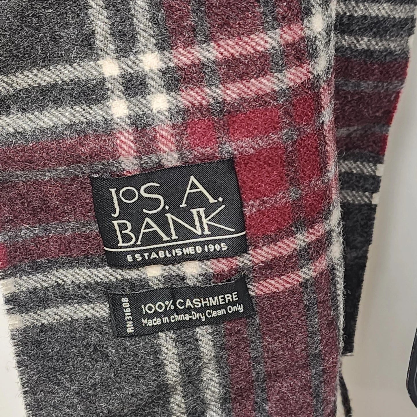 Jos A Bank 100% Cashmere Scarf Burgundy Gray Plaid Check Fringed Oblong 60"x12"