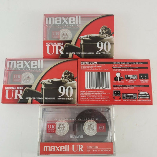 3 Sealed Maxell UR90 Cassette Tapes + 1 Open 90 Min 135m Normal Bias