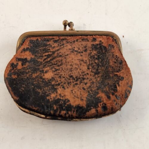Vintage Black Leather Mini Coin Purse Gold Trim Kiss Closure Rustic