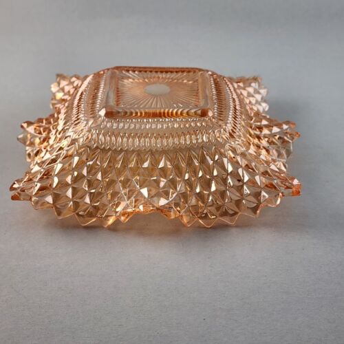 Candy Dish Indiana Glass Peach Color Diamond Point Ruffle Edge 6.5" Sq