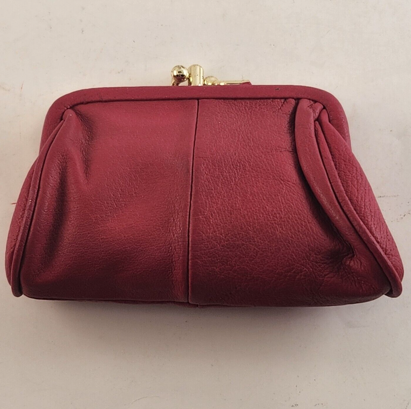 Red Leather Coin Purse Gold Accents Kiss Closure Interior Zipper