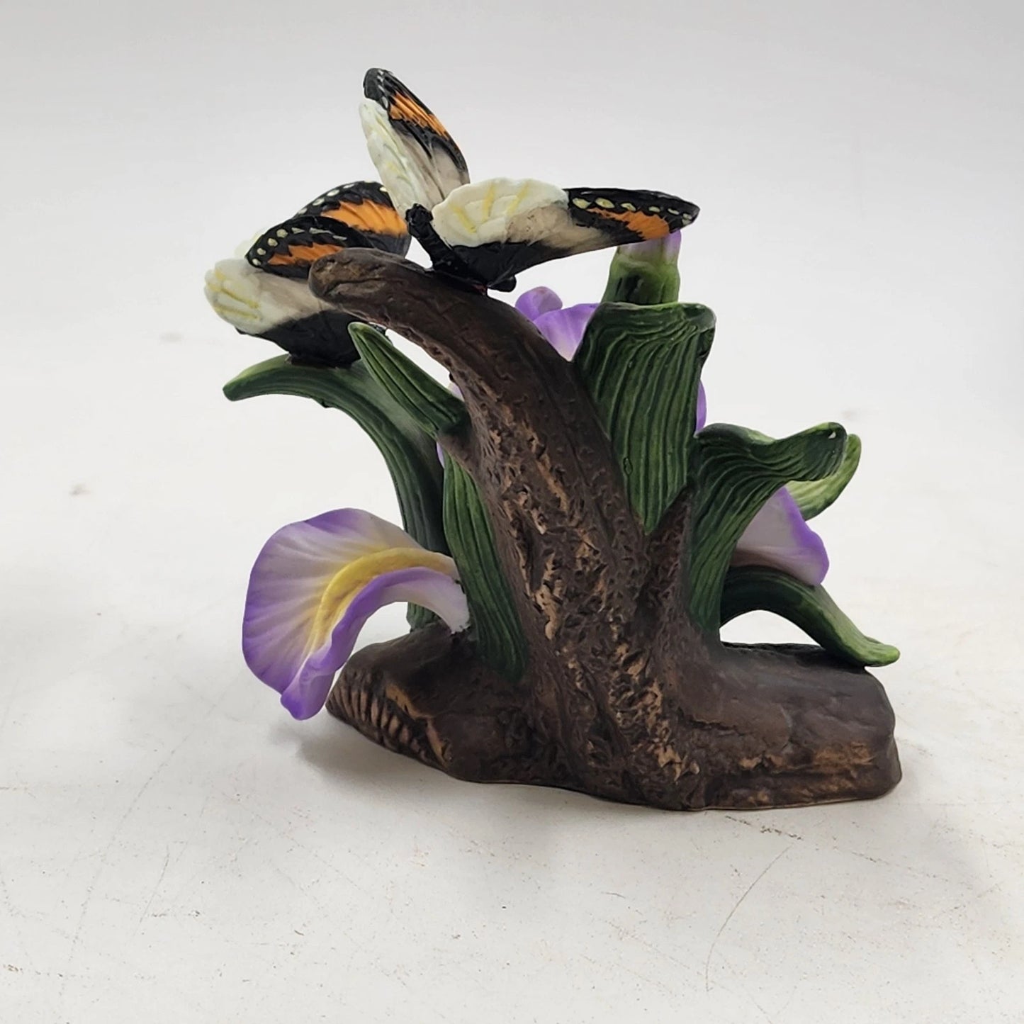 Vemar Collection Porcelain Figurine Purple Iris Red Rose 2 Butterflies Wood Base