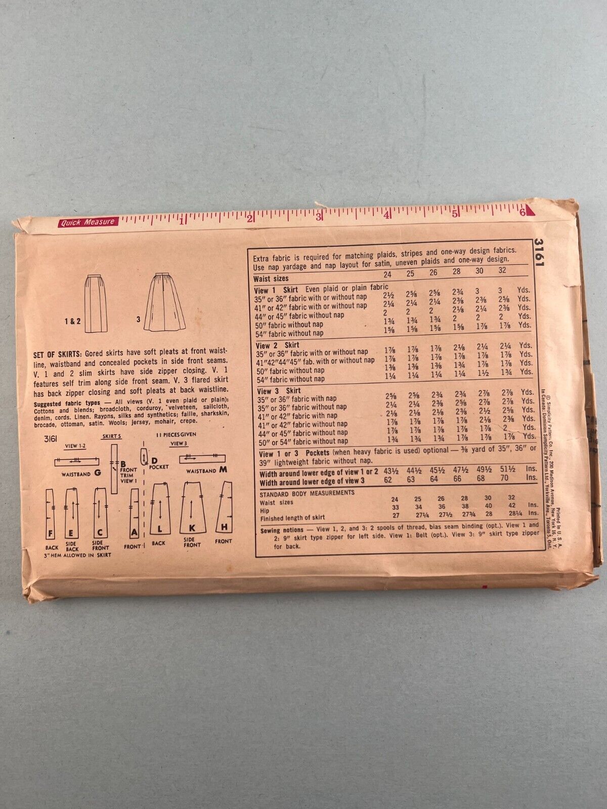 Simplicity 3161 Vintage Sewing Pattern Women Gored Pleated Skirt Waist 28 Hip 38