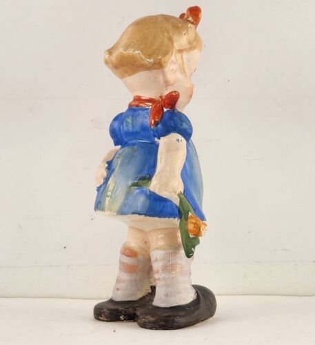 Porcelain Girl Figurine Carrying Flowers with Daddy's Slippers Unmarked 5" 1950s