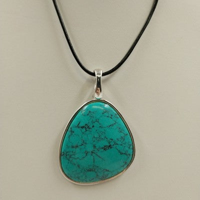 Silver Tone Turquoise Pendant Necklace Marbled Stone on Black Leather Cord