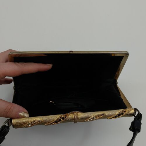 Black Handbag Vintage w Coin Purse Rhinestone Metal Clasp Closure 8"