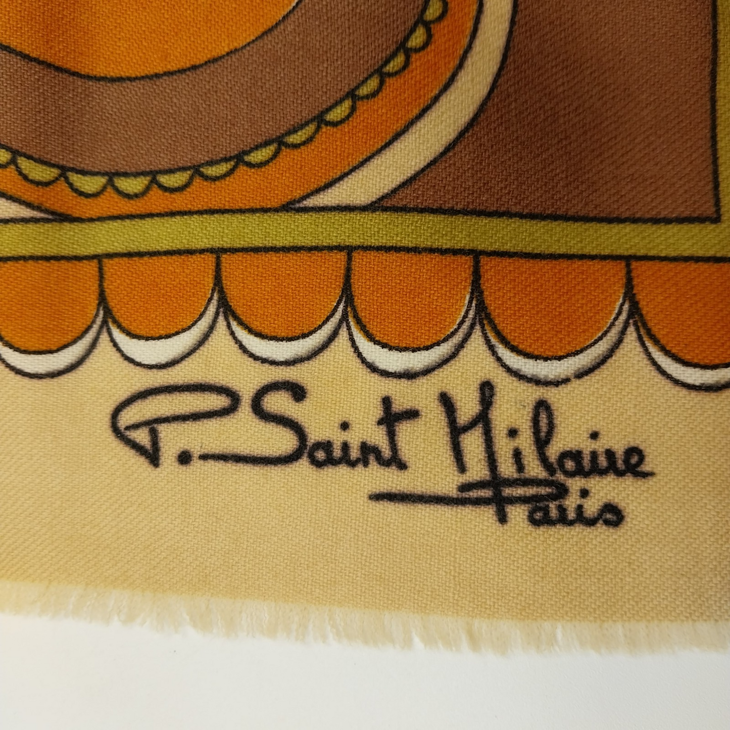 P Saint Hilaire Paris 30" Square Tan Scarf Paisley Floral Signed Vintage Cotton