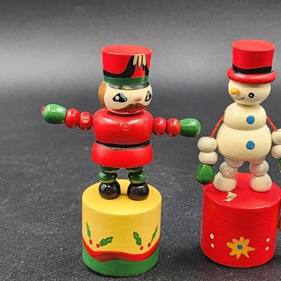 Set of 2 Vintage Wood Push Puppet Toys – Soldier & Snowman Ornaments 4"