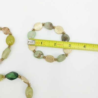 Set of 3 Bracelet Gold & Pale Green Tone Faux Pearl Faceted Oval Bead Stretch 7"