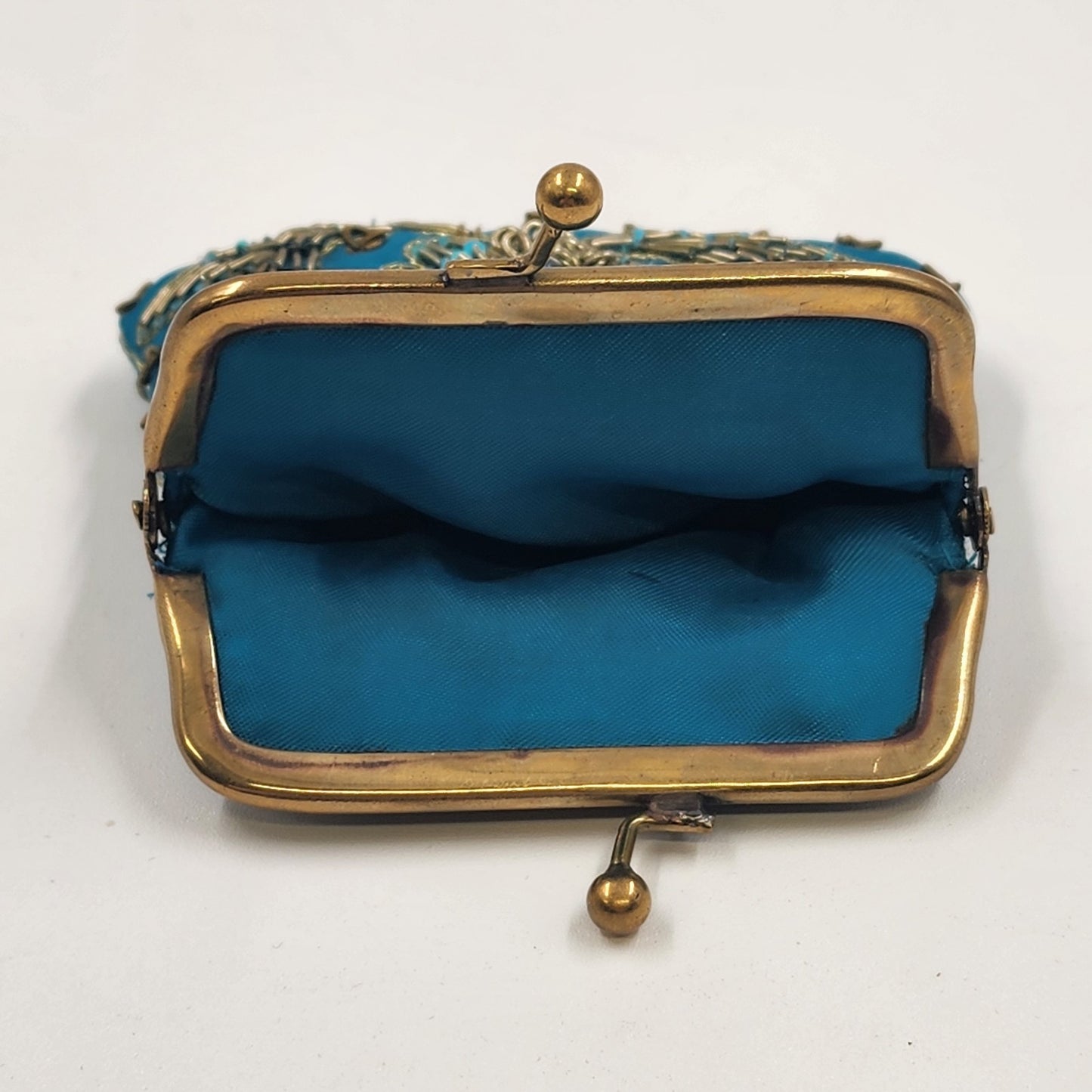 Indian Coin Purse Brass Clasp Outline Stitch Sequins and Glass Beads Vintage 4"w