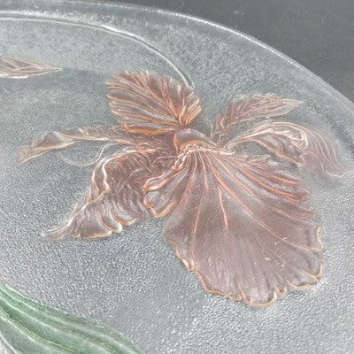 LE Smith 12.5" Clear Frosted Glass Plate Painted Iris & Butterfly Design Vtg