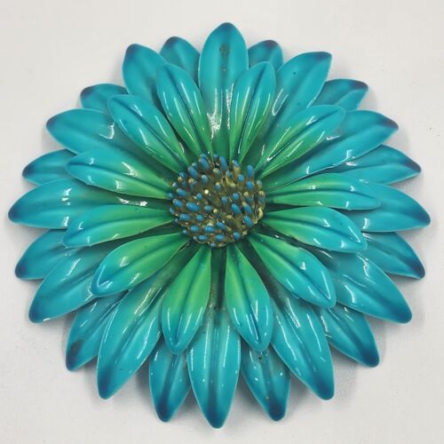 Blue Enamel Flower Brooch Vintage Metal Round Pin 3" Diameter