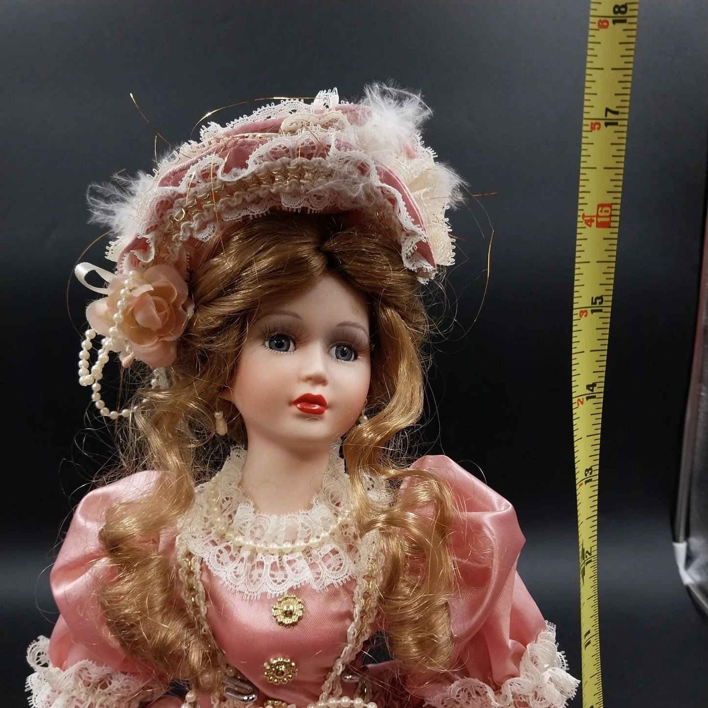 Porcelain Doll 18" Pink White Dress Antique Lace Curly Hair Collector Figurine